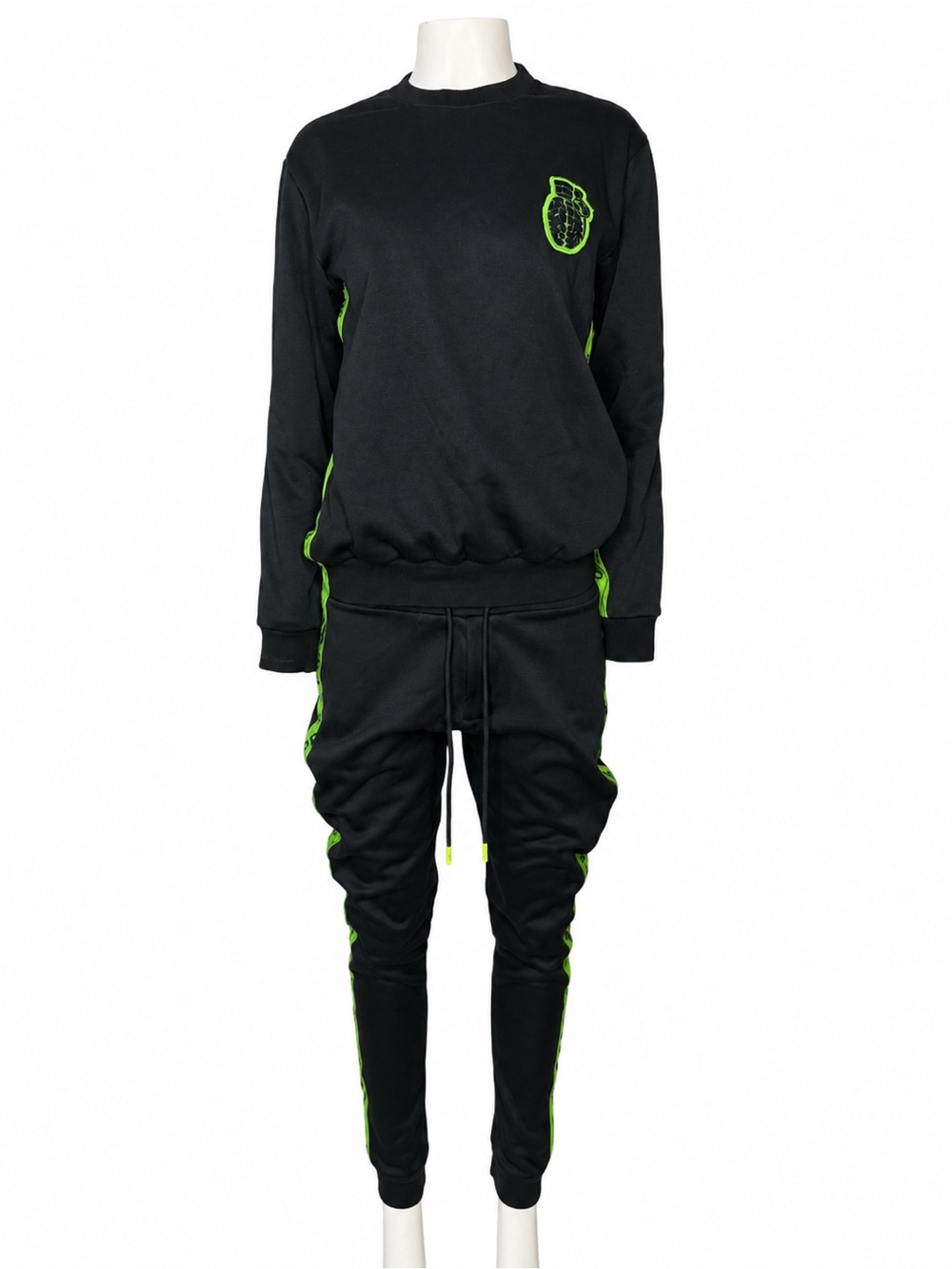 Black Sweatshirt & Jogger Set with Neon Green Trim